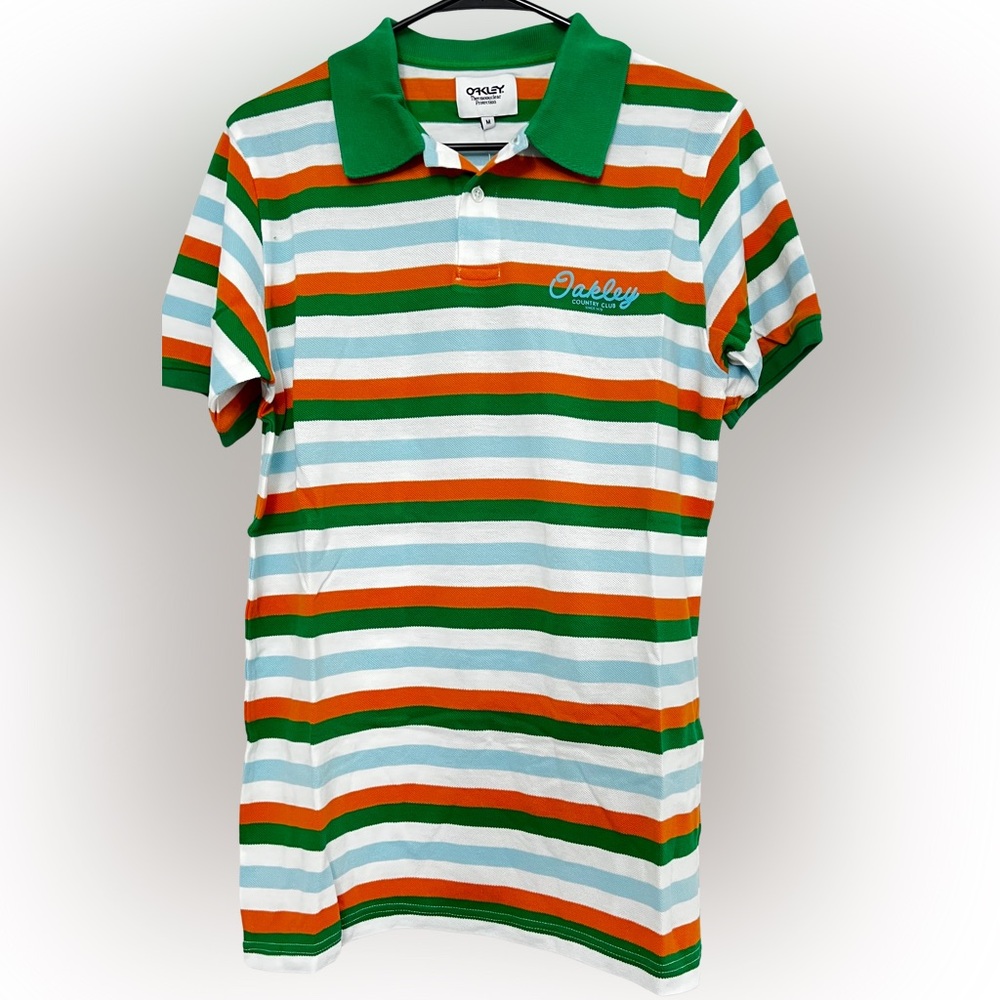 New! Oakley Men’s Shirt Medium Green Orange White Blue stripe